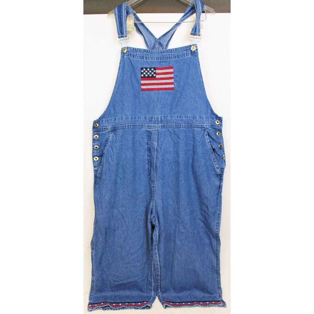 Asazy American Denim Overalls Women sz XL USA Flag Cross Stitch Embroider